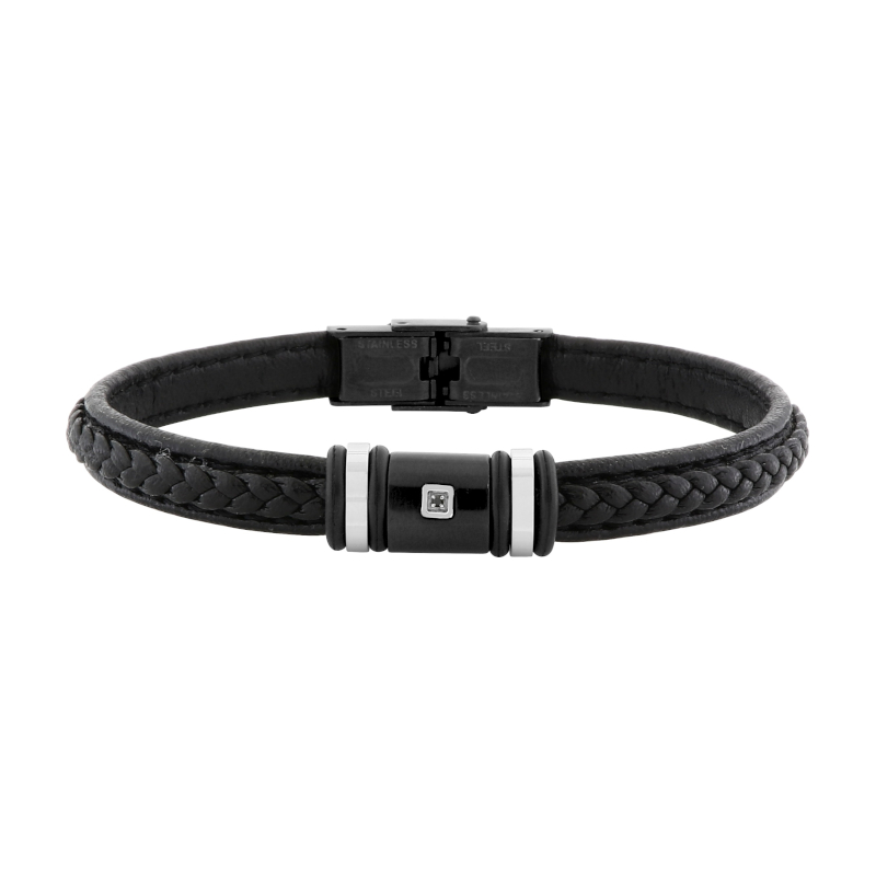 Bracelet-Homme-cuir-Acier-inoxydable-et-Diamant-noir-CARGO-C43058
