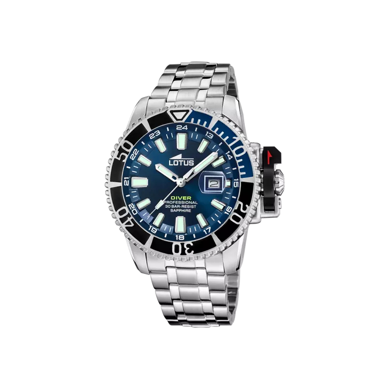 montre-etanche-homme-lotus-acier-inoxydable-18938-3 Coffret montre LOTUS Homme Acier inoxydable et bracelet silicone bleu interchangeable 18938/3