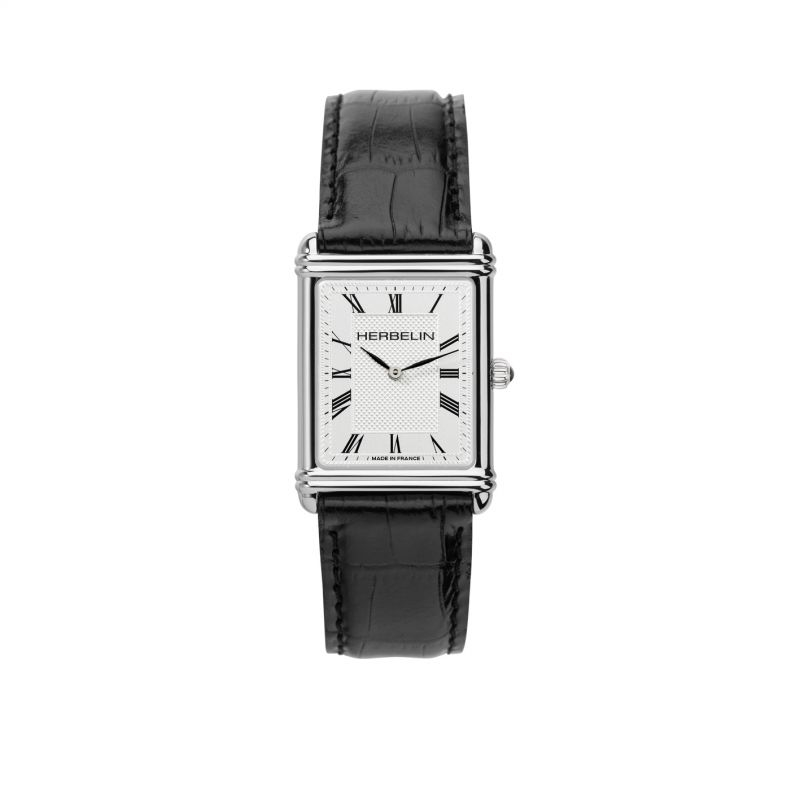 Montre-Art-Deco-Homme-cuir-noir-et-Acier-inoxydable-HERBELIN-17468AP08 Montre Art Déco rectangulaire Homme cuir noir et Acier inoxydable HERBELIN 17468AP08