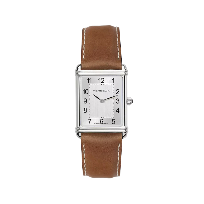 Montre-Art-Deco-rectangulaire-Homme-cuir-marron-et-Acier-inoxydable-HERBELIN-17468AP22GD Montre Art Déco rectangulaire Homme cuir marron et Acier inoxydable HERBELIN 17468AP22GD