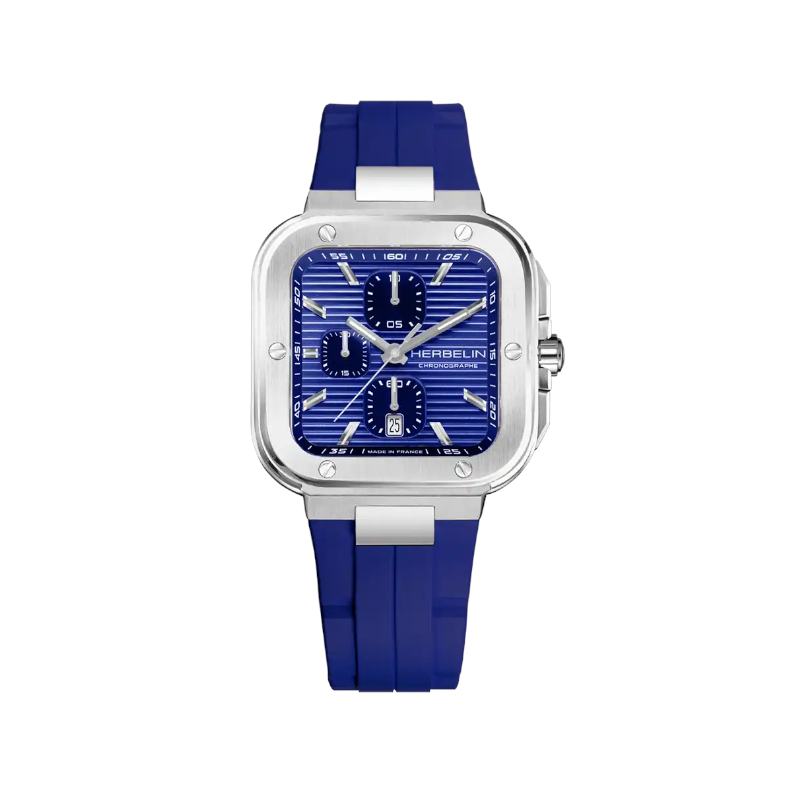 Montre-Homme-CAP-CAMARAT-Square-mouvement-suisse-acier-inoxydable-caoutchouc-acier-inoxydable-Chronographe-bleu-HERBELIN-35646A115CB Montre Homme, Cap Camarat HERBELIN, Acier inoxydable et Elastomère FKM bleu 35646A115CB