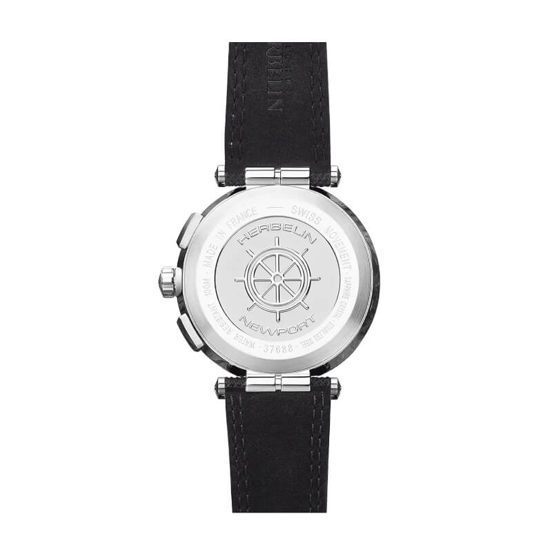 Montre-Newport-Chrono-Homme-cuir-et-Acier-inoxydable-HERBELIN-37688AG65-arrière Montre Homme NEWPORT Chronographe HERBELIN, Acier inoxydable et cuir bleu 37688AG65, arrière