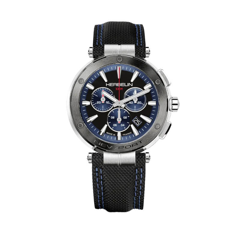 Montre-Newport-Chrono-Homme-cuir-et-Acier-inoxydable-HERBELIN-37688AG65 Montre Homme NEWPORT Chronographe HERBELIN, Acier inoxydable et cuir bleu 37688AG65