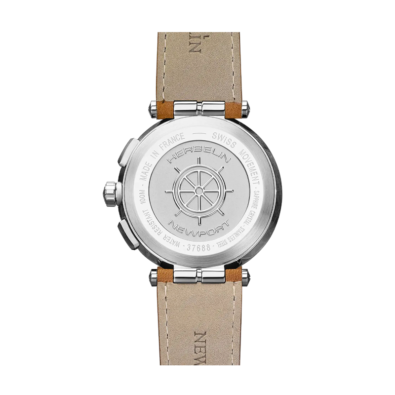 Montre-Newport-Chronographe-Homme-cuir-maron-et-Acier-inoxydable-HERBELIN-37688A42GD-arrière Montre Homme NEWPORT Chronographe HERBELIN, Acier inoxydable et Cuir marron 37688A42GD, arrière
