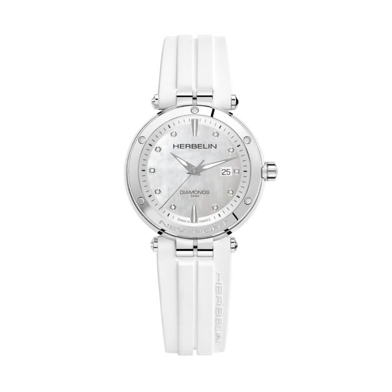 Montre Newport Femme Elastomère FKM blanc, Acier inoxydable et Diamants HERBELIN 14288AP89CW
