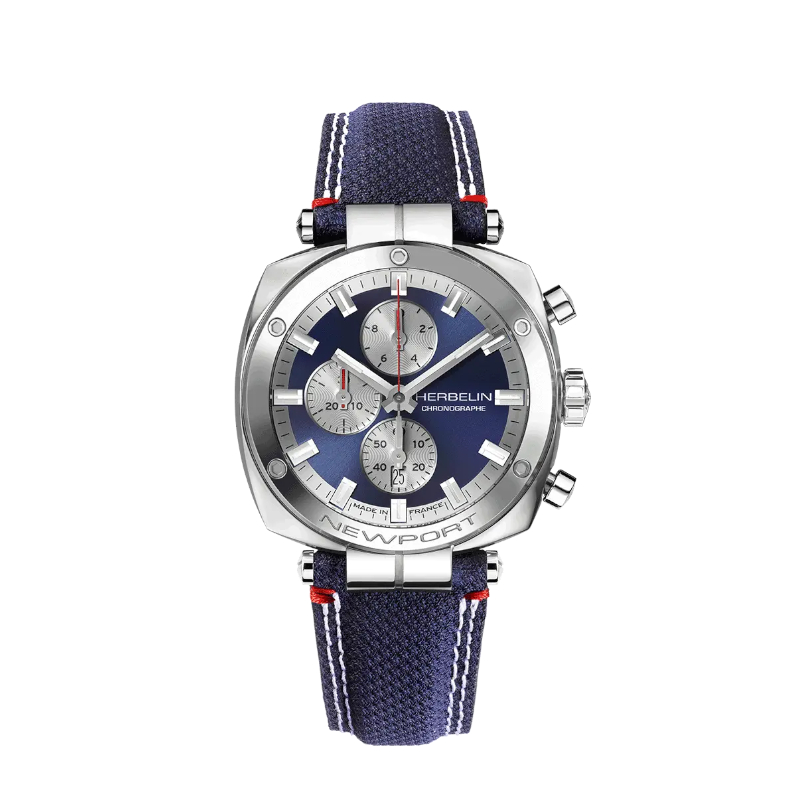 Montre-Newport-Heritage-Chronographe-Homme-tissu-bleu-et-Acier-inoxydable-HERBELIN-35664AP25 Montre Homme NEWPORT Héritage Chronographe HERBELIN, Acier inoxydable et cuir bleu 35664AP25