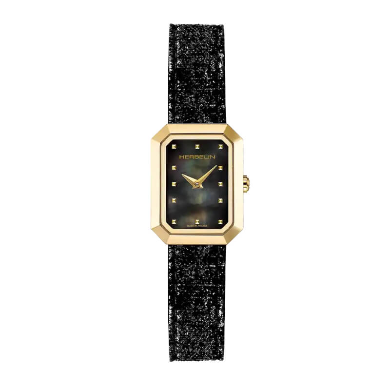 Montre-Octogone-Femme-cuir-noir-et-Acier-dore-inoxydable-HERBELIN-17446P49 Montre Femme Octogone HERBELIN Acier inoxydable doré et Cuir noir 17446P49