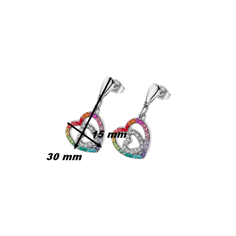 Boucles d’oreilles pendantes double Cœur Femme Acier inoxydable et strass de couleurs LOTUS LS1943-4/2, dimensions
