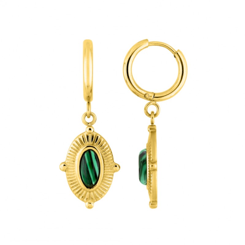 Boucles d’oreilles créoles pendantes Femme Acier inoxydable doré et Malachite synthétique ROBBEZ MASSON