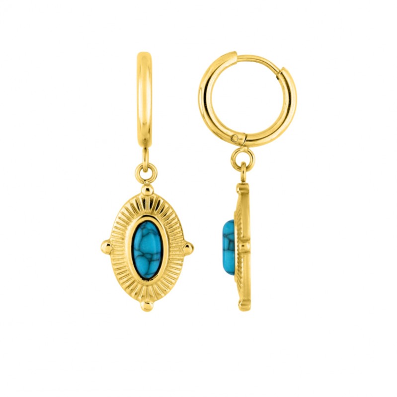 boucles-oreilles-femme-creoles-pendantes-turquoise-acier-inoxydable-doré-robbez-masson-435086 Boucles d’oreilles créoles pendantes Femme Acier inoxydable doré et Turquoise synthétique ROBBEZ MASSON