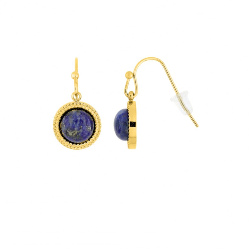 boucles-oreilles-femme-pendantes-lapis-acier-inoxydable-doré-robbez-masson-435151 Boucles d’oreilles pendantes Femme Rond Acier inoxydable doré et Lapis synthétique ROBBEZ MASSON