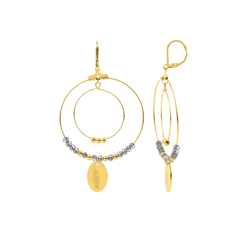 Boucles d’oreilles pendantes Plume Femme Acier inoxydable doré et Cristal gris synthétique ROBBEZ MASSON