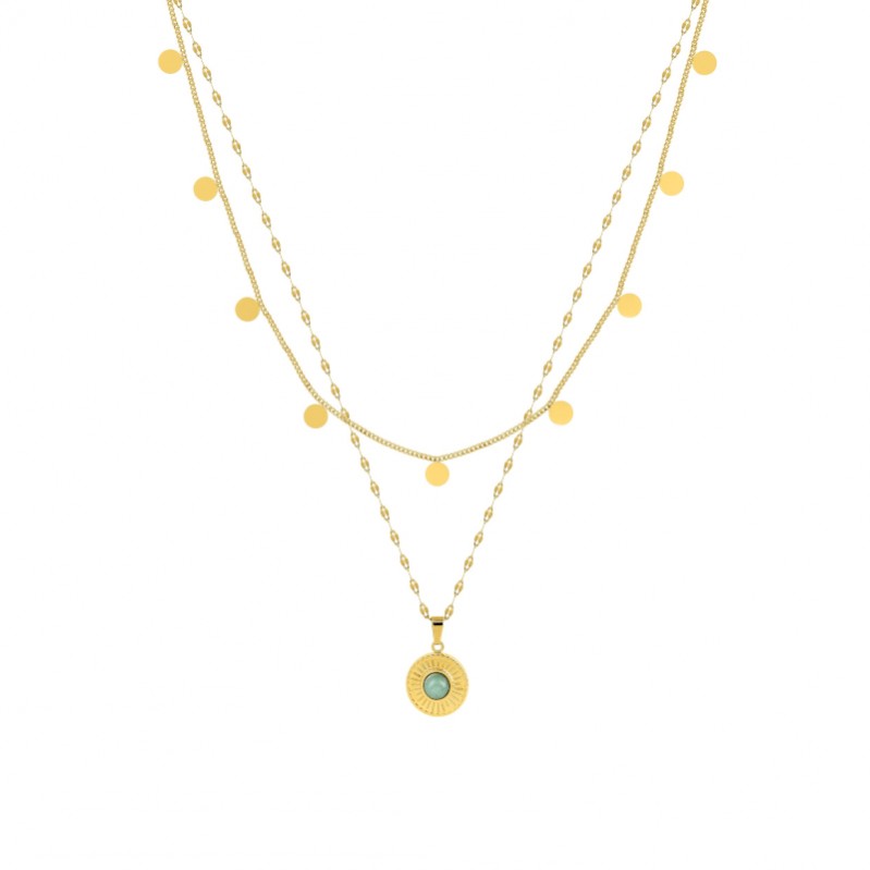 Collier double rang Femme Acier inoxydable doré et Jade verte synthétique ROBBEZ MASSON