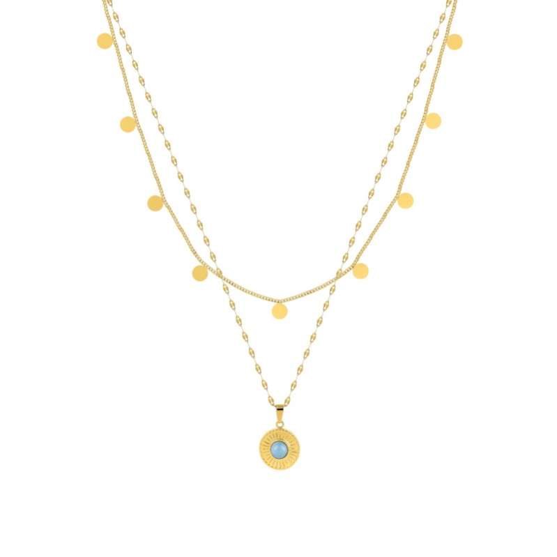 Collier double rang Femme Acier inoxydable doré et Cristal bleu synthétique ROBBEZ MASSON