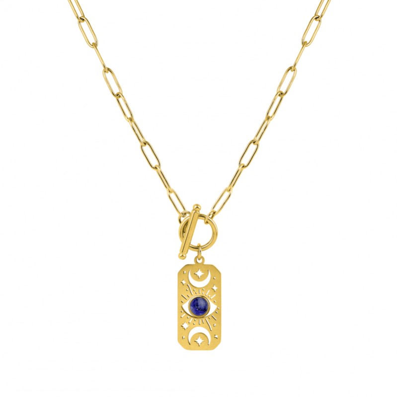 collier-femme-oeil-lapis-acier-inoxydable-doré-robbez-masson-432141 Collier Œil rectangulaire Femme Acier inoxydable doré et Lapis synthétique ROBBEZ MASSON
