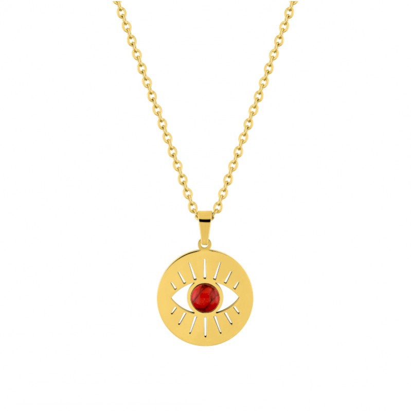 Collier Œil Femme Acier inoxydable doré et Turquoise rouge synthétique ROBBEZ MASSON