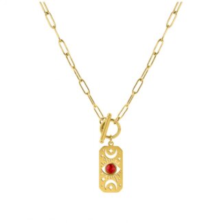 Collier Œil rectangulaire Femme Acier inoxydable doré et Turquoise rouge synthétique ROBBEZ MASSON