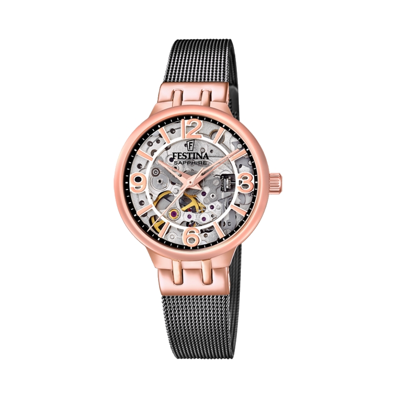 montre-FESTINA-Femme-automatique-acier-inoxydable-rose-F20581-3 Montre Skeleton Automatique Femme FESTINA Acier inoxydable noir et rose F20581/3