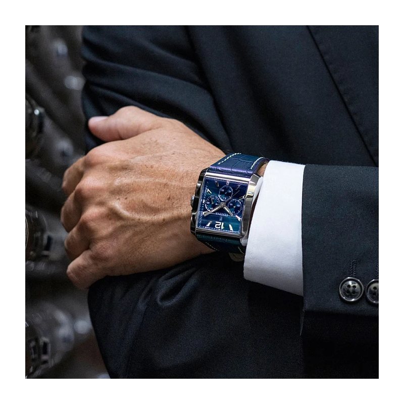 montre-FESTINA-homme-rectangulaire-acier-inoxydable-et-cuir-bleu-F20636-2-portée Montre » On the Square » Homme Acier inoxydable et Cuir bleu FESTINA F20636/2 portée