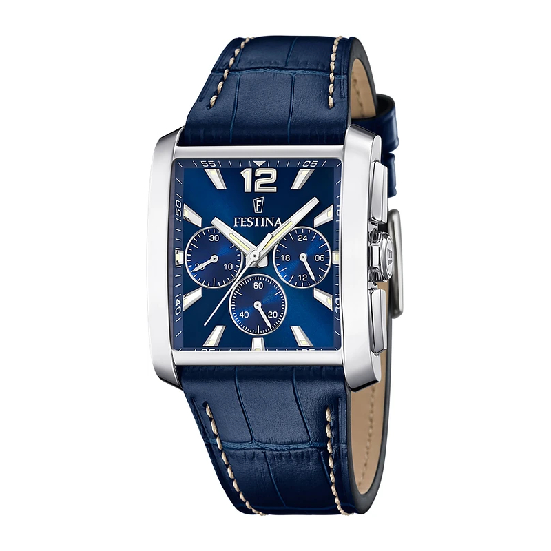 montre-FESTINA-homme-rectangulaire-acier-inoxydable-et-cuir-bleu-F20636-2 Montre » On the Square » Homme Acier inoxydable et Cuir bleu FESTINA F20636/2