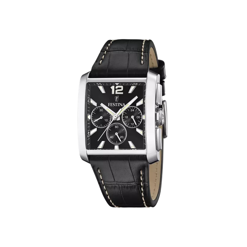 montre-FESTINA-homme-rectangulaire-acier-inoxydable-et-cuir-noir-F20636-4 Montre » On the Square » Homme Acier inoxydable et Cuir noir FESTINA F20636/4