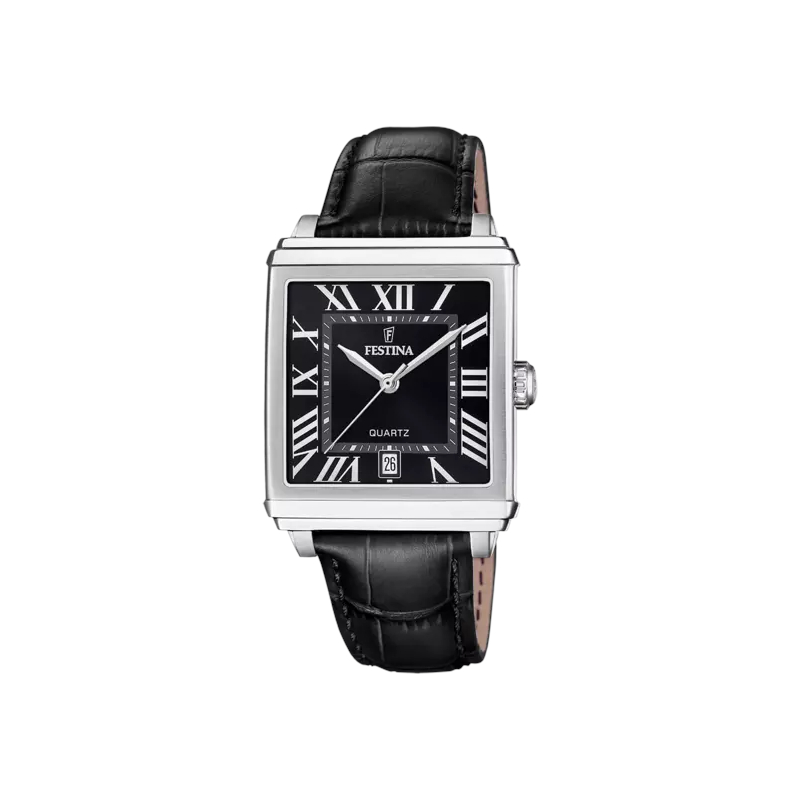 montre-FESTINA-homme-rectangulaire-acier-inoxydable-et-cuir-noir-F20681-3 Montre » On the Square » Homme Acier inoxydable et Cuir noir FESTINA F20681/3