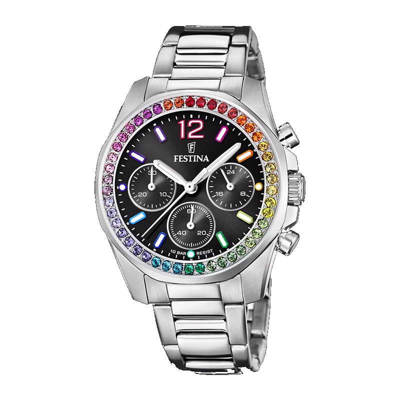 montre-Rainbow-femme-FESTINA-acier-inoxydable-F20606-3 Montre Femme Rainbow Acier inoxydable et cadran noir FESTINA F20606/3