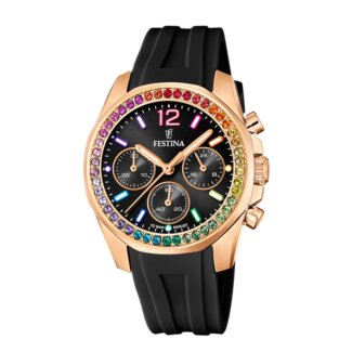 Montre Femme Rainbow Acier inoxydable rose et caoutchouc noir FESTINA F20611/3