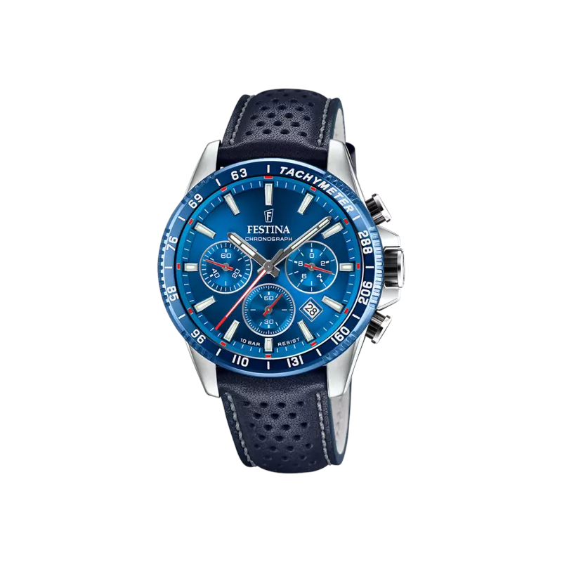 montre-homme-FESTINA-cuir-bleu-et-acier-inoxydable-F20561-3 Montre Chronographe Homme Acier inoxydable et Cuir bleu foncé FESTINA F20561/3