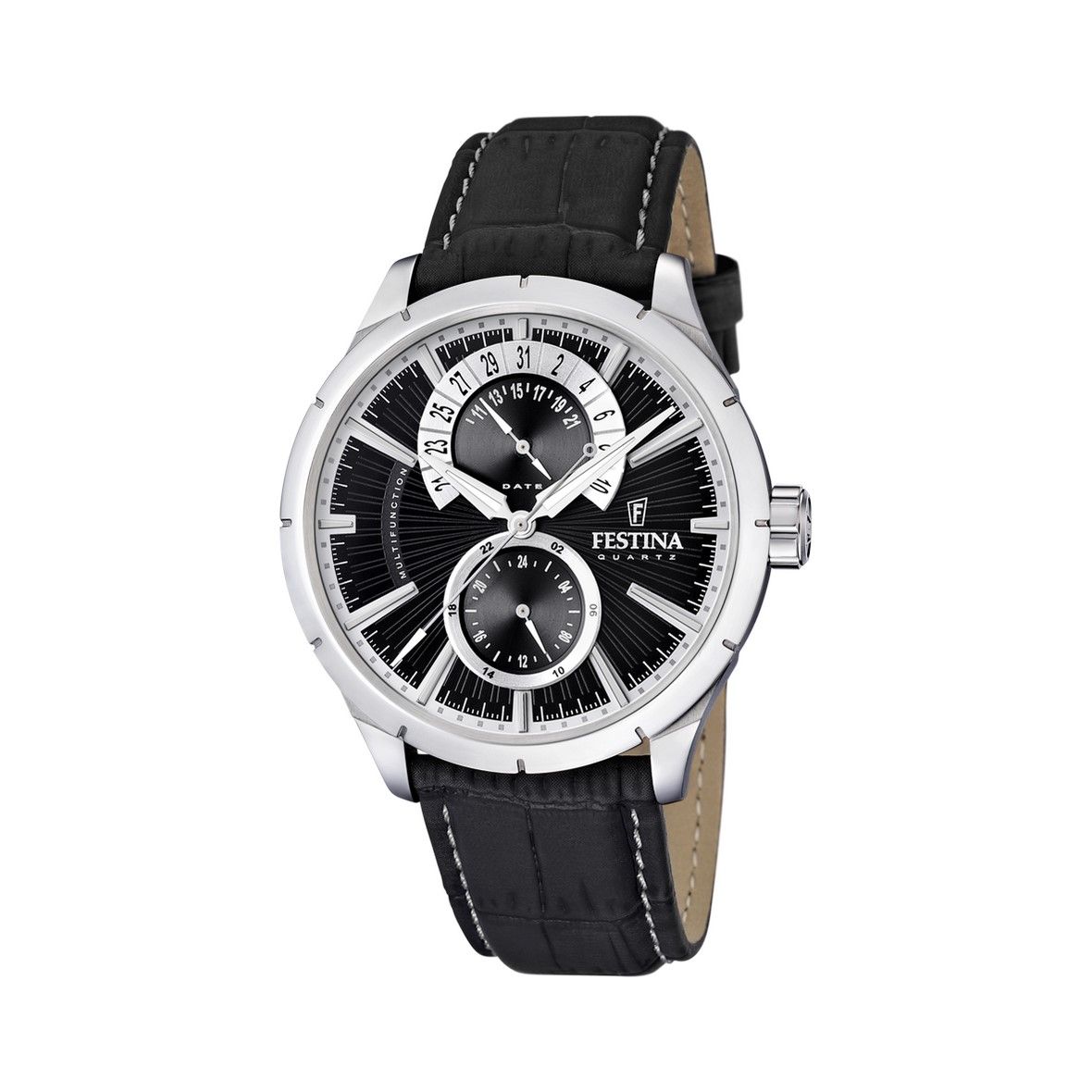 montre-rétro-homme-FESTINA-cuir-noir-et-acier-inoxydable-F16573-3 Montre Rétro Homme, Acier inoxydable et Cuir noir FESTINA F16573/3