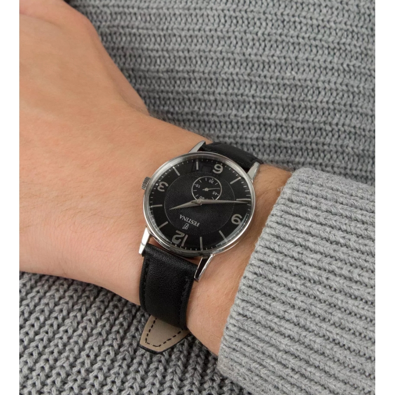 montre-rétro-homme-FESTINA-cuir-noir-et-acier-inoxydable-F20566-4-portée Montre Rétro Homme, Acier inoxydable et Cuir noir FESTINA F20566/4 portée