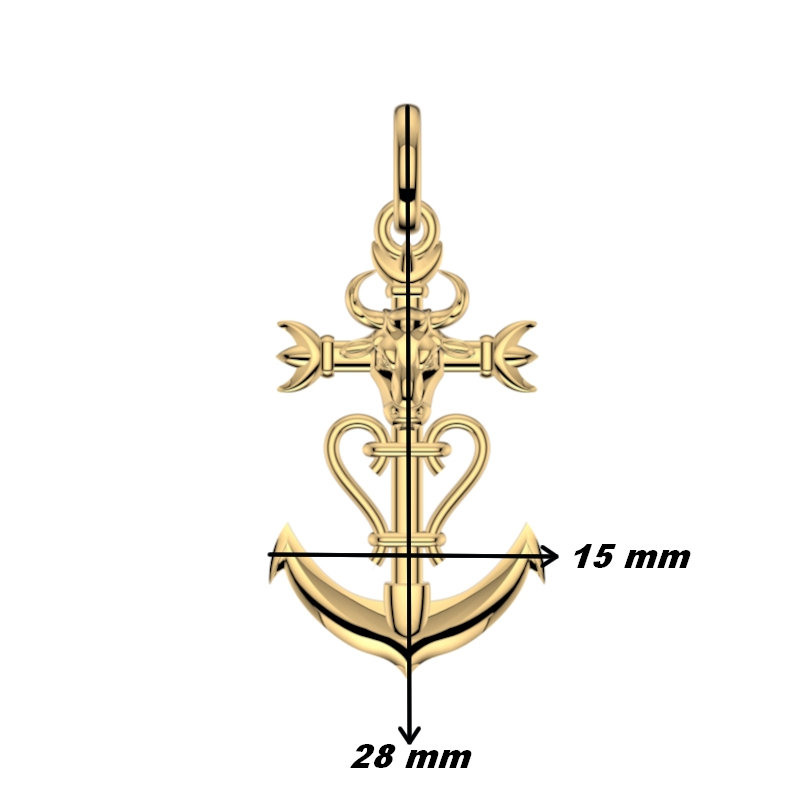 Pendentif Croix de Camargue Tête de Taureau Or jaune 750/1000 THOMAS JAVON, ECLAT DE CAMARGUE, dimensions