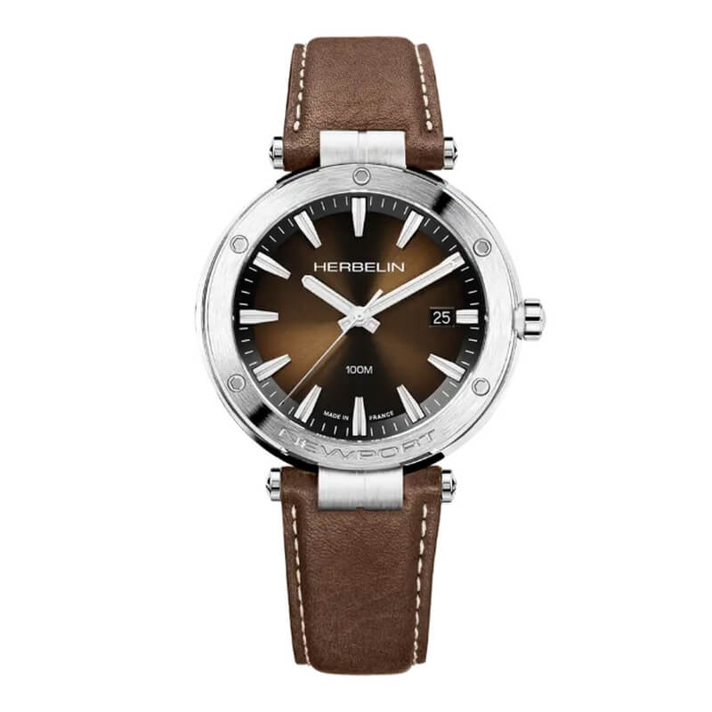 montre-homme-newport-herbelin-cuir-marron-12288A27MA Montre Homme NEWPORT HERBELIN, Acier inoxydable et Cuir marron 12288A27MA
