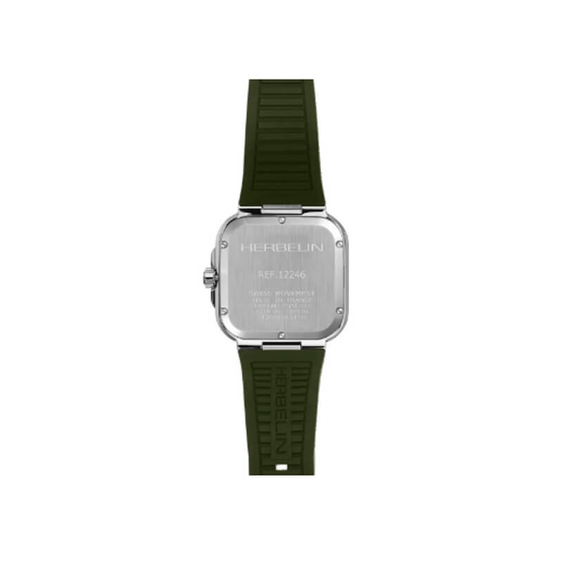 montre-homme-cap-camarat-square-mouvement-suisse-acier-et-FKM-HERBELIN-kaki-12246A116CK-dos Montre Homme, Cap Camarat Square HERBELIN, Acier inoxydable et Elastomère FKM kaki 12246A116CK, dos