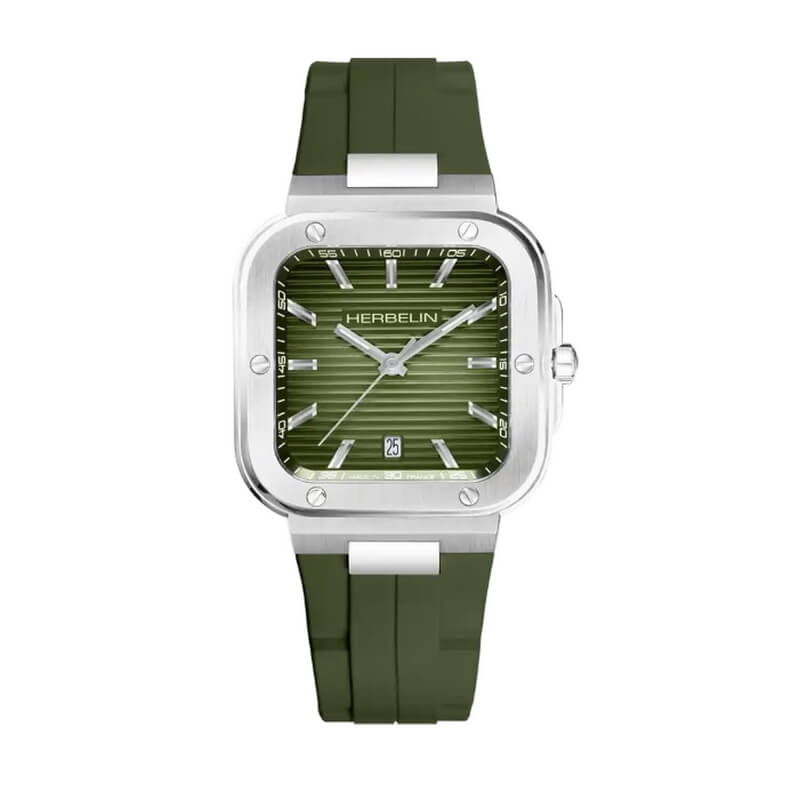 montre-homme-cap-camarat-square-mouvement-suisse-acier-et-FKM-HERBELIN-kaki-12246A116CK Montre Homme, Cap Camarat Square HERBELIN, Acier inoxydable et Elastomère FKM kaki 12246A116CK